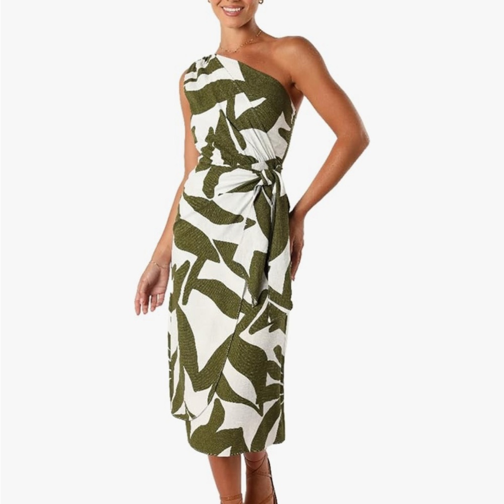 Petal & Pup One-Shoulder Dress in Green and White